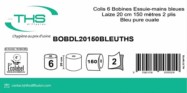 COLIS 6 BOBINES  DEVIDAGE LATERAL LAIZE 20 CM 150 METRES 2 X 21 GR BLEU PURE OUATE