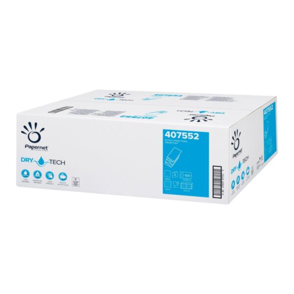 CARTON 2000 FEUILLES 20 PAQUETS 100 FORMATS PLIAGE EN W 20.3 X  32 CM 2 PLIS TECHNOLOGIE DRY TECH EXTRA DOUX BLANC