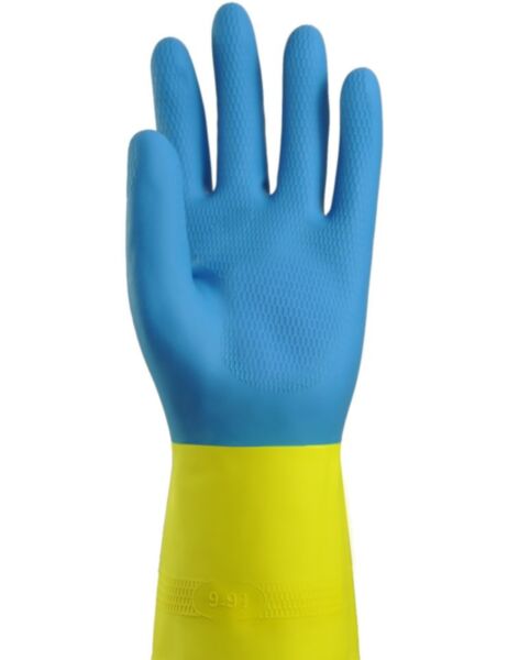 LOT 10 PAIRES GANTS MENAGE BICOLORE BLEU ET JAUNE FLOQUE COTON
