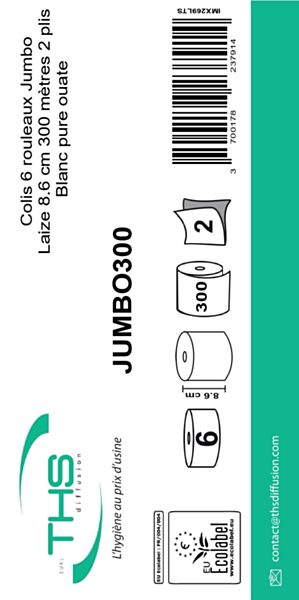 COLIS 6 ROULEAUX JUMBO 300 LAIZE 8,6 CM 2 X 15 GR BLANC PURE OUATE
