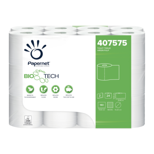 COLIS 96 ROULEAUX 180 FEUILLES PAPIER TOILETTE 9,5 X 11 CM 2 PLIS DE 16,5 GR BLANC PURE OUATE  BIOTECH