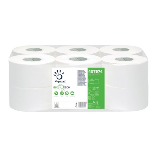 COLIS 12 ROULEAUX MINI JUMBO 140 M LAIZE 9,5 CM 2 PLIS DE 16,5 GR BLANC PURE OUATE BIOTECH