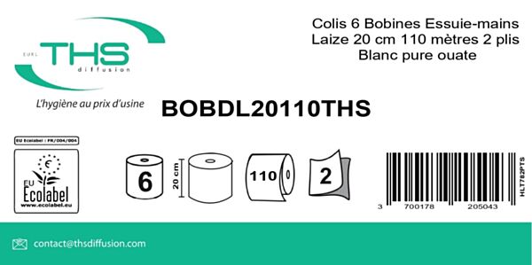 COLIS 6 BOBINES  DEVIDAGE LATERAL LAIZE 20 CM 110 METRES 2 X 19 GR BLANC PURE OUATE