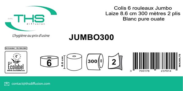 COLIS 6 ROULEAUX JUMBO 300 LAIZE 8,6 CM 2 X 15 GR BLANC PURE OUATE